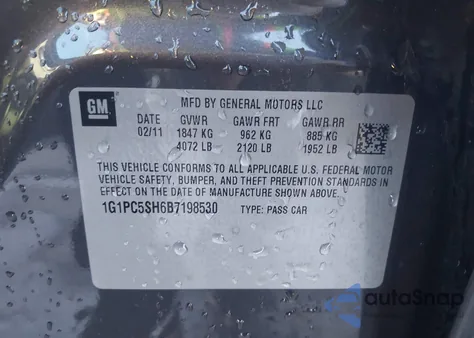 2011 Chevrolet Cruze Ls z USA, uszkodzony, nr VIN 1G1PC5SH6B7198530